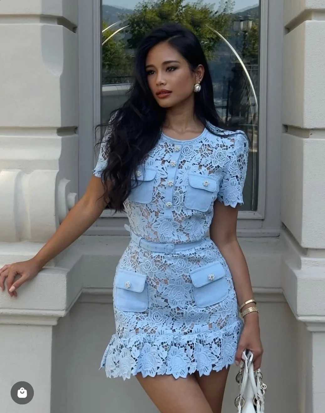 Dress Blue Lace Women Summer with Belt Short Sleeve Streetwear Clothing Lady Hollow Out Runway Design Vestidos Bodycon C260917