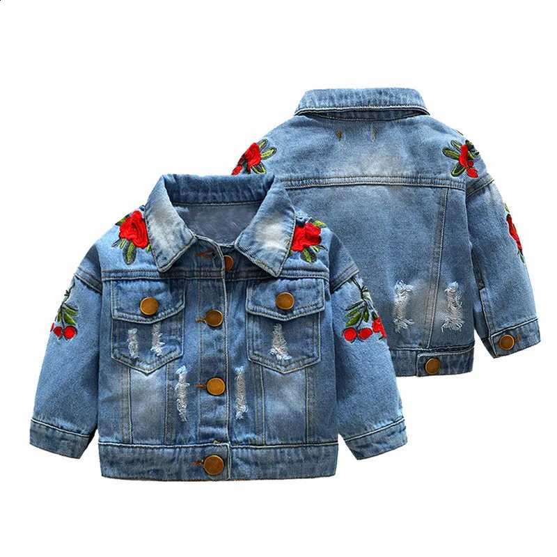 Spring Children's Clothing and Autumn Denim Ripped Jacket Top Button Rose Denim Jacket Cardigan Girls' ClothingT260916