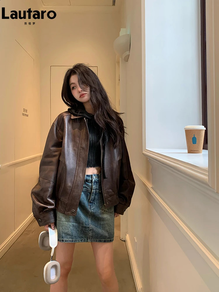 Lautaro Spring Autumn Cool Retro Waterproof Distressed Brown Pu Leather Jackets for Women Zipper Maillard Style Clothes 260916