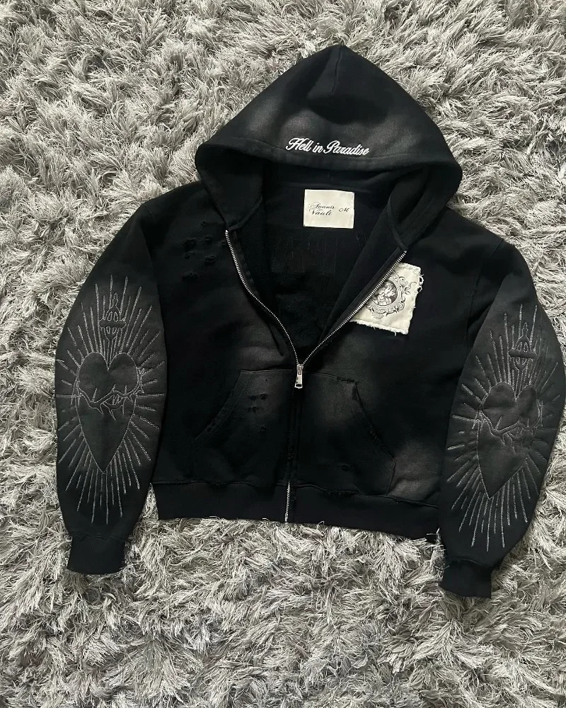 Harajuku Gothic Zipper Hoodie Y2k Letter Embroidered Spliced Sweater High Street Punk Clothing Loose Vintage Y2k Top Sweatshirt 260917