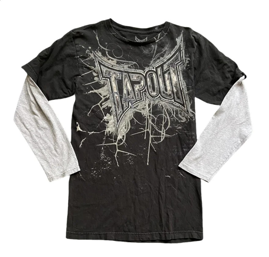 Gothic Vintage Distressed T-Shirt Two-in-One Skeleton Print Layered Top Y2K Retro Streetwear Loose Fit Harajuku Fashion Tee 260916