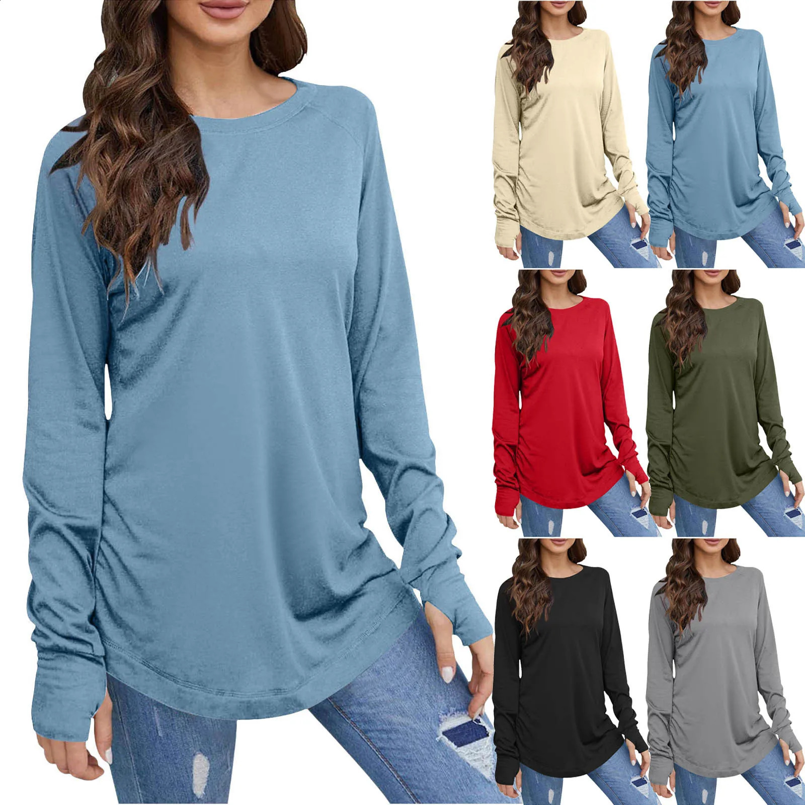 Womens TShirt Solid Round Neck Loose Long Sleeve Comfy Thumb Hole Shirts Basic Stretch Layer Spring Pullover 260917