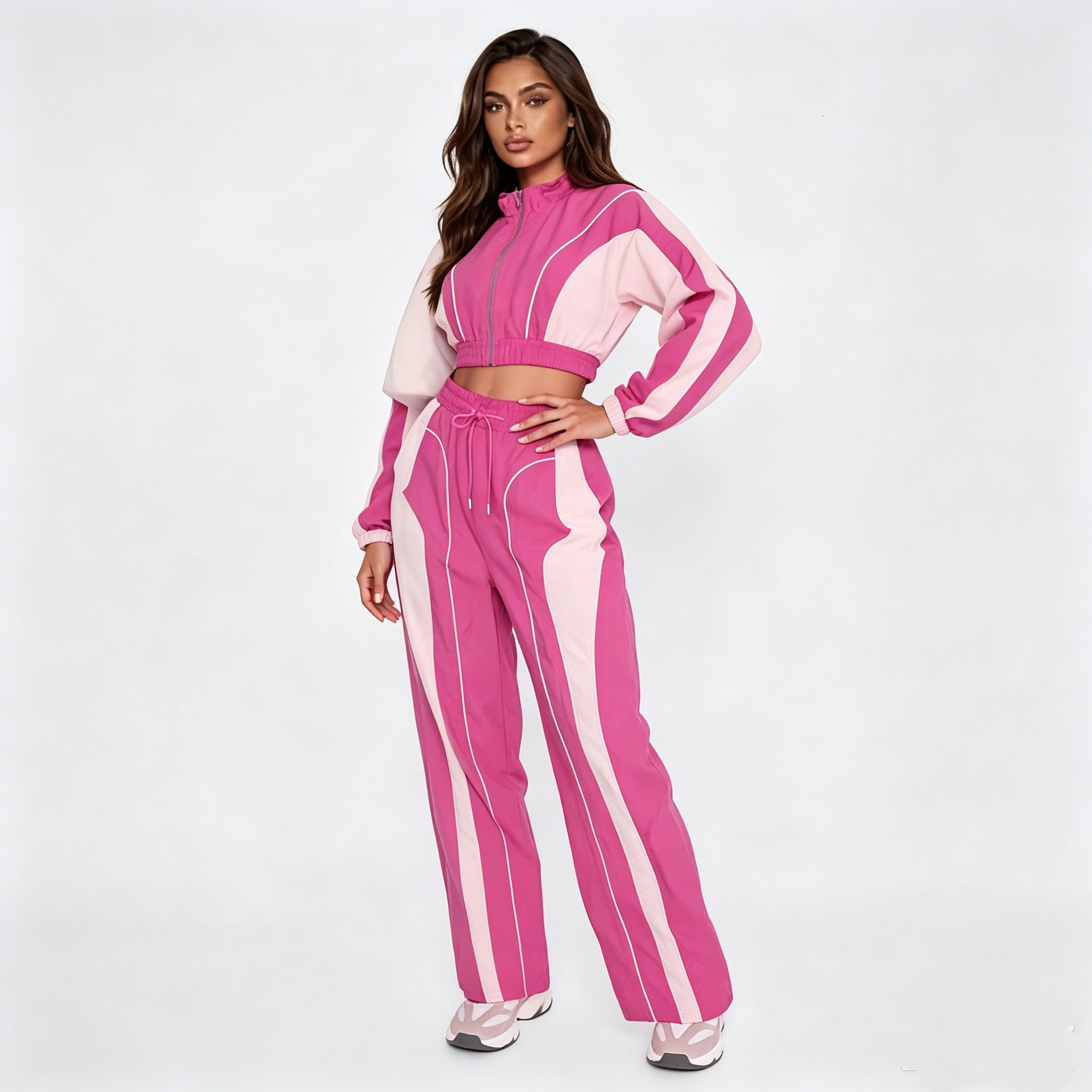 European and American style casual color-block patchwork top with a cinched waist and zipper, paired with straight-leg pants and a drawstring, a two