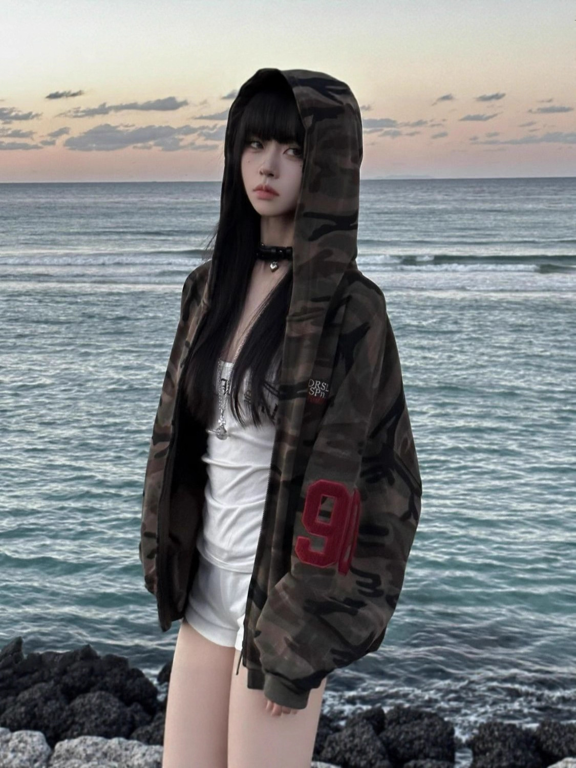 2025 niche Korean-style camouflage letter print American retro college-style cardigan hoodie versatile fashion sweatshirt for women, Instagram style