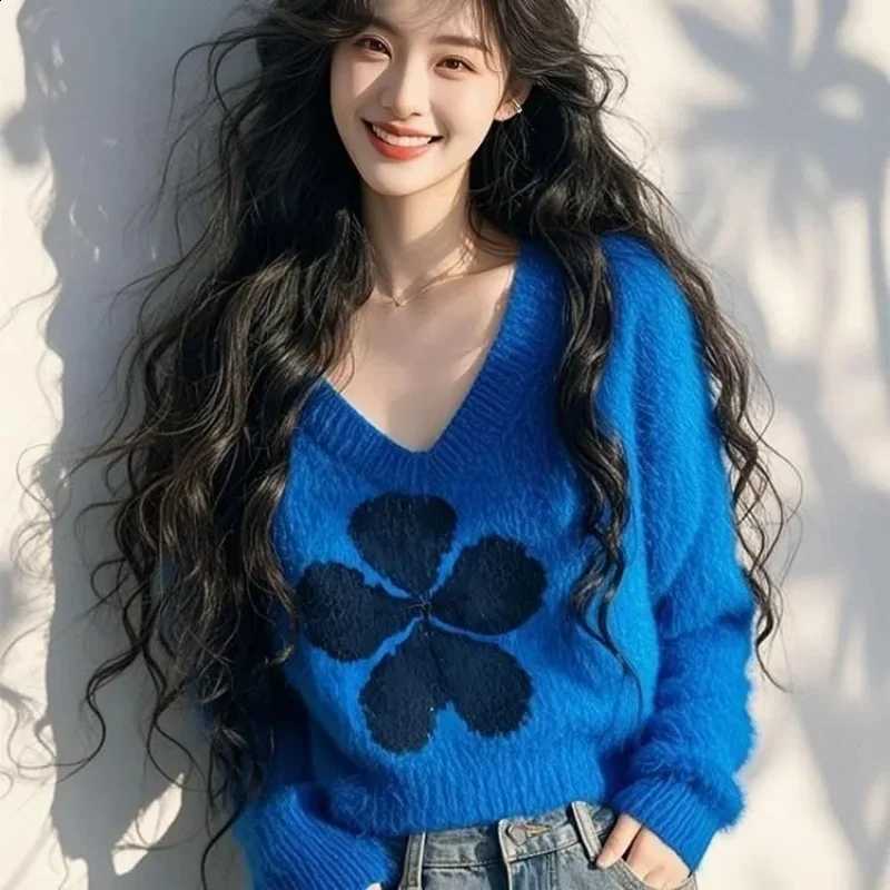 Sweater Cashmere Blue Mink Women Autumn Winter Fashion Print V-Neck Knitted Pullover Top Casual Long Sleeved Knitwear 836A J260916