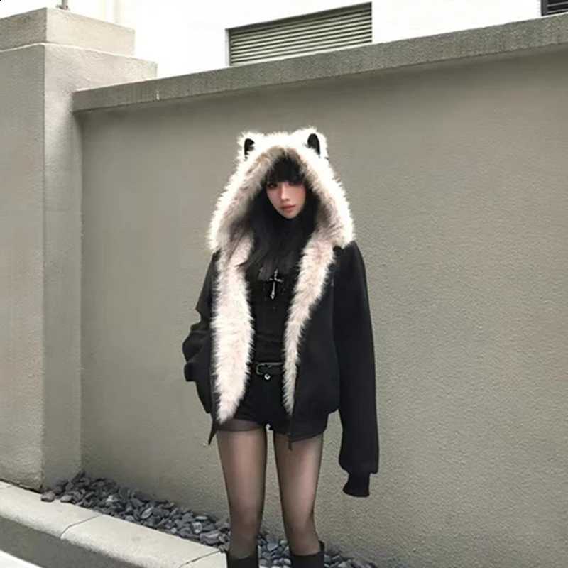 MEXZT Y2K Black Hooded Parkas Women Faux Fur Quilted Puffer Jackets Streetwear Zipper Down Coats Winter Cotton Padded Outerwears H260917