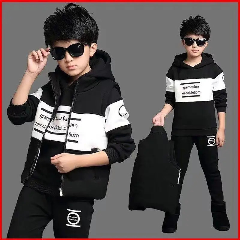 3pcsset 2026 Winter Boys Tracksuit Autumn Teenager Clothes Splicing Velvet Jacket Hooded Pant Children 4 8 9 10 11 12 Year 260916