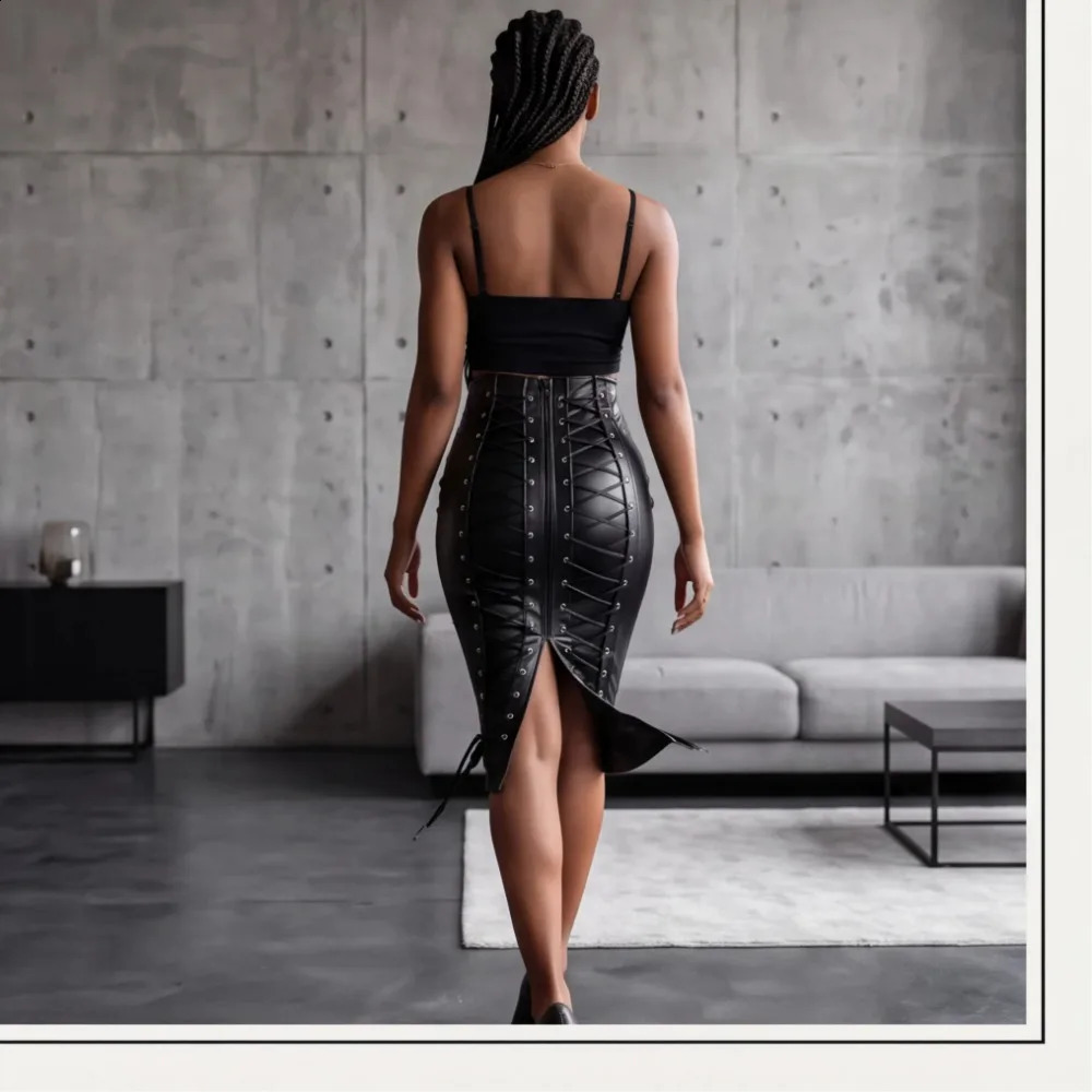 Womens Leather Skirt Bodycon Faux Midi High Waist Casual Zip PU Slim Pencil Plus Size 260917