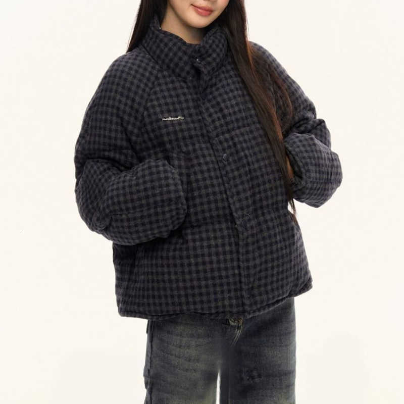 Jacket Korean-style Plaid Short Cotton Thickened Warm Stand Collar Loose Plus-size Winter Jacket Casual Long-sleeve Outerwear H260917