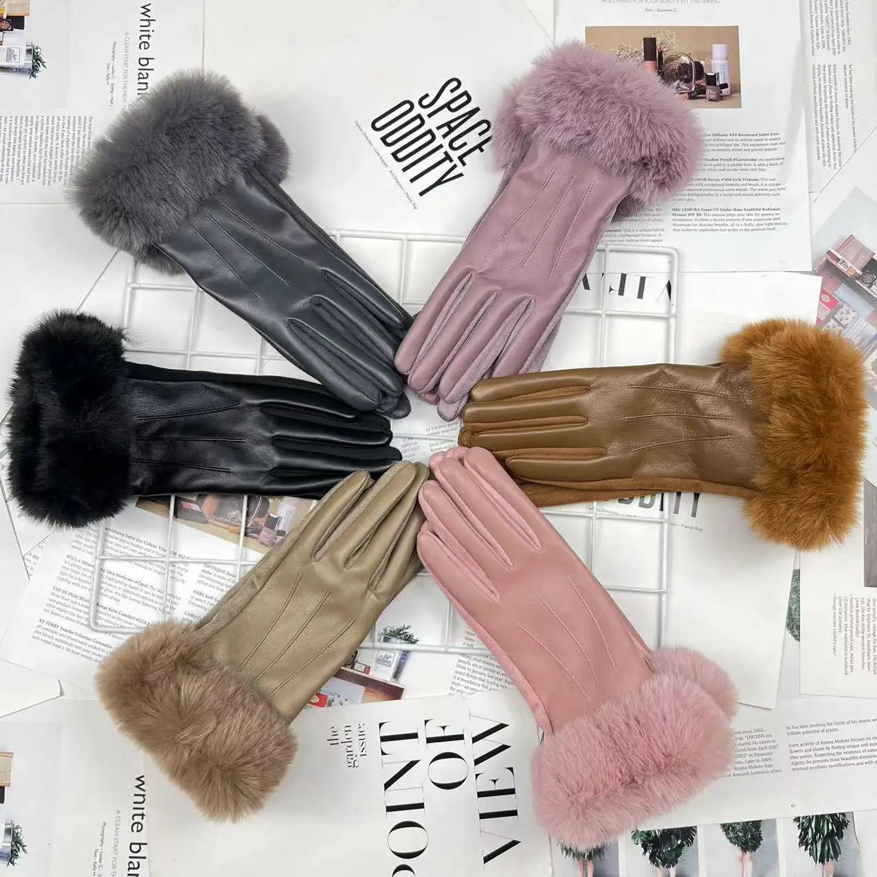 Women Winter Warm PU Leather Suede Splicing Plus Velvet Thicken Gloves Fashion Elegant Cycling Drive Touch Screen Plush Wrist260915