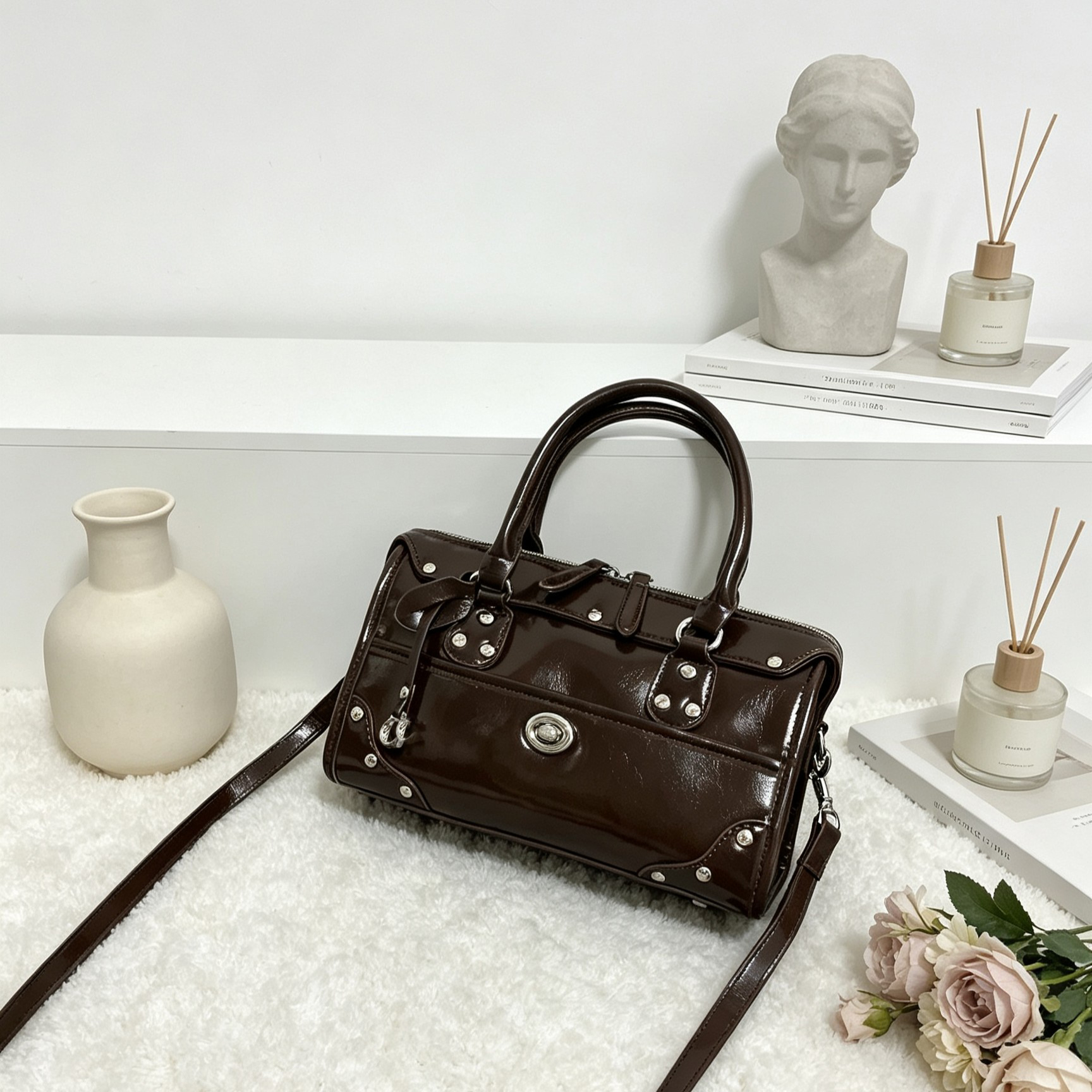designer bag 2026 new Mid - century style niche, retro versatile bag rivet pillow bag winter handbag for commuting trendy for women