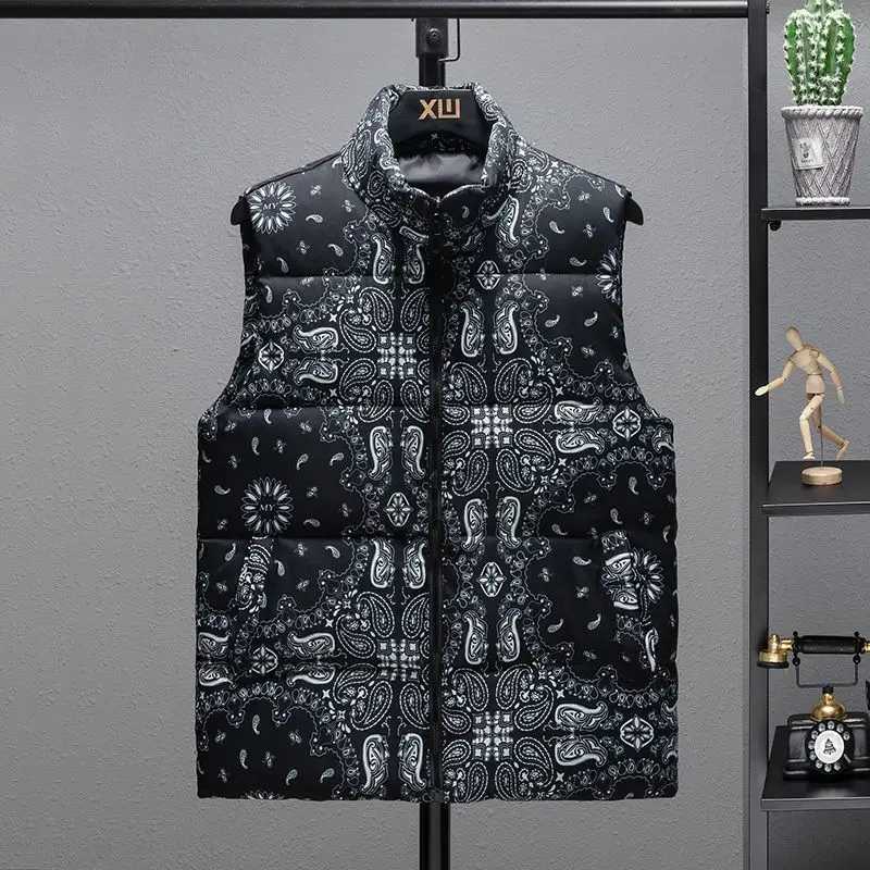 Men's Thermal Insulated Stand Collar Vest with Cashew Flower Print Thickened Down Jacket for Winter Warmth Q260917