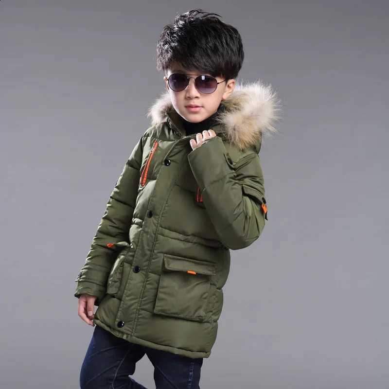 down jacket new winter Children's boys' and girls' Plush warm medium length jacket hooded large wool collar cotton padded jacket J260