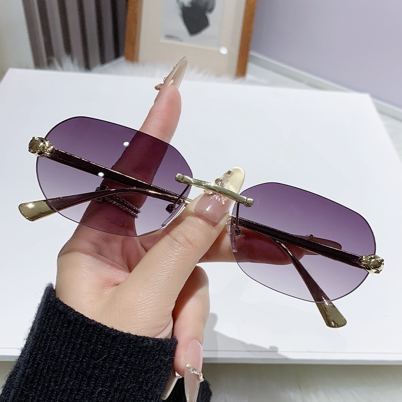 Luxury Brand Designer Sunglasses Ikanon New Leopard-Patterned Rimless Oval Sunglasses, Unisex, European And American Retro Style, Leopard Head Desig