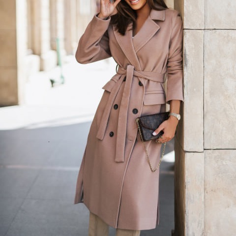 Women's coat, wool coat, cashmere coat, medium to long length coat, independent stand, foreign trade, fashion, solid color, lace up waist, doub