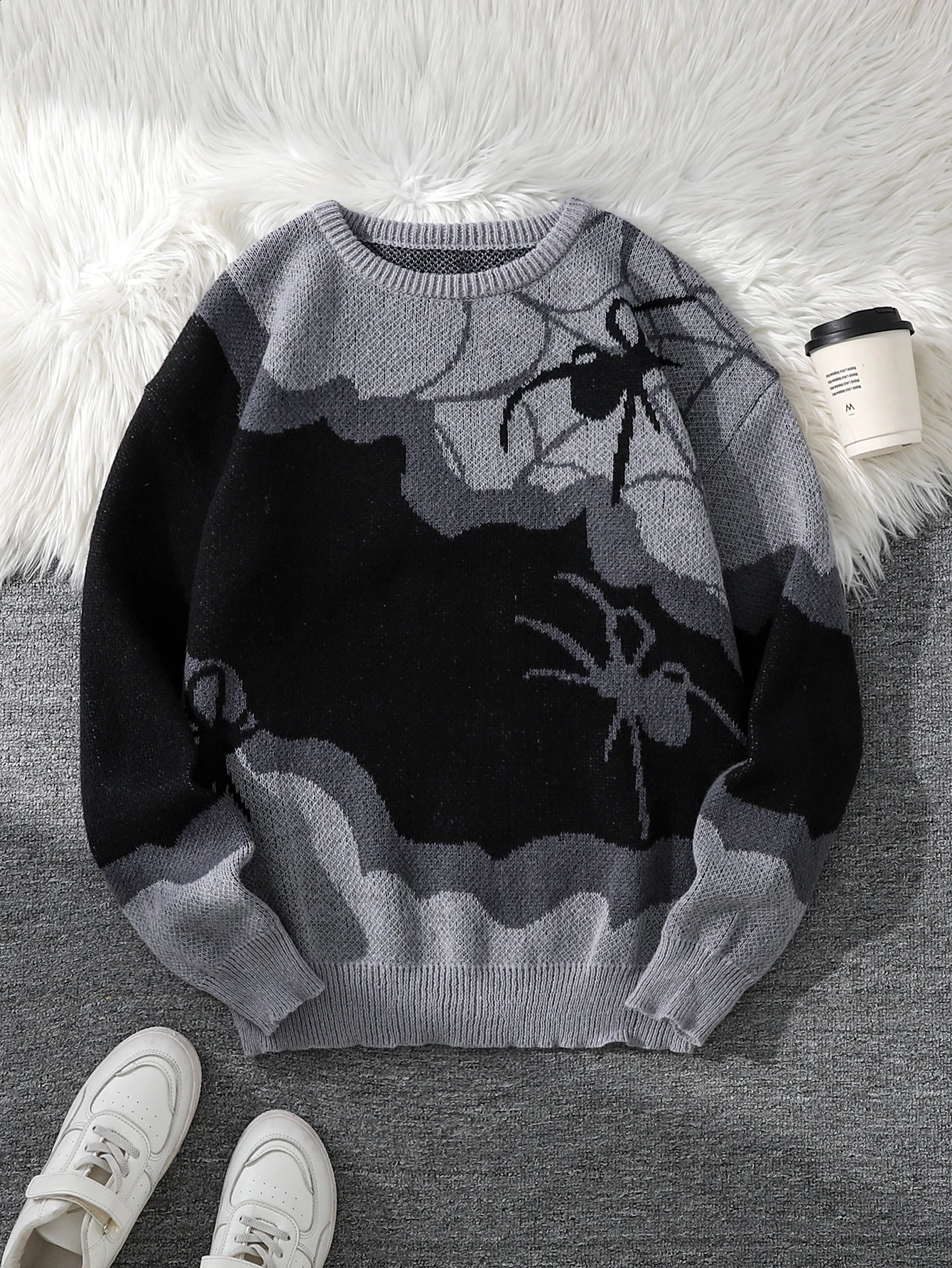 Double-Sided Spider Jacquard Knit Men's Sweater ned with Patchwork Crew Neck Long Sleeves Regular Fit Suitable for Couples Perfect for Autumn a