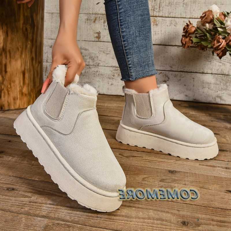 Plush Winter Women Warm Short Snow Boots Casual Shoes New Suede Fur Chelsea Ankle Boots Flats Platform Ladies Shoes Comfortable D260917