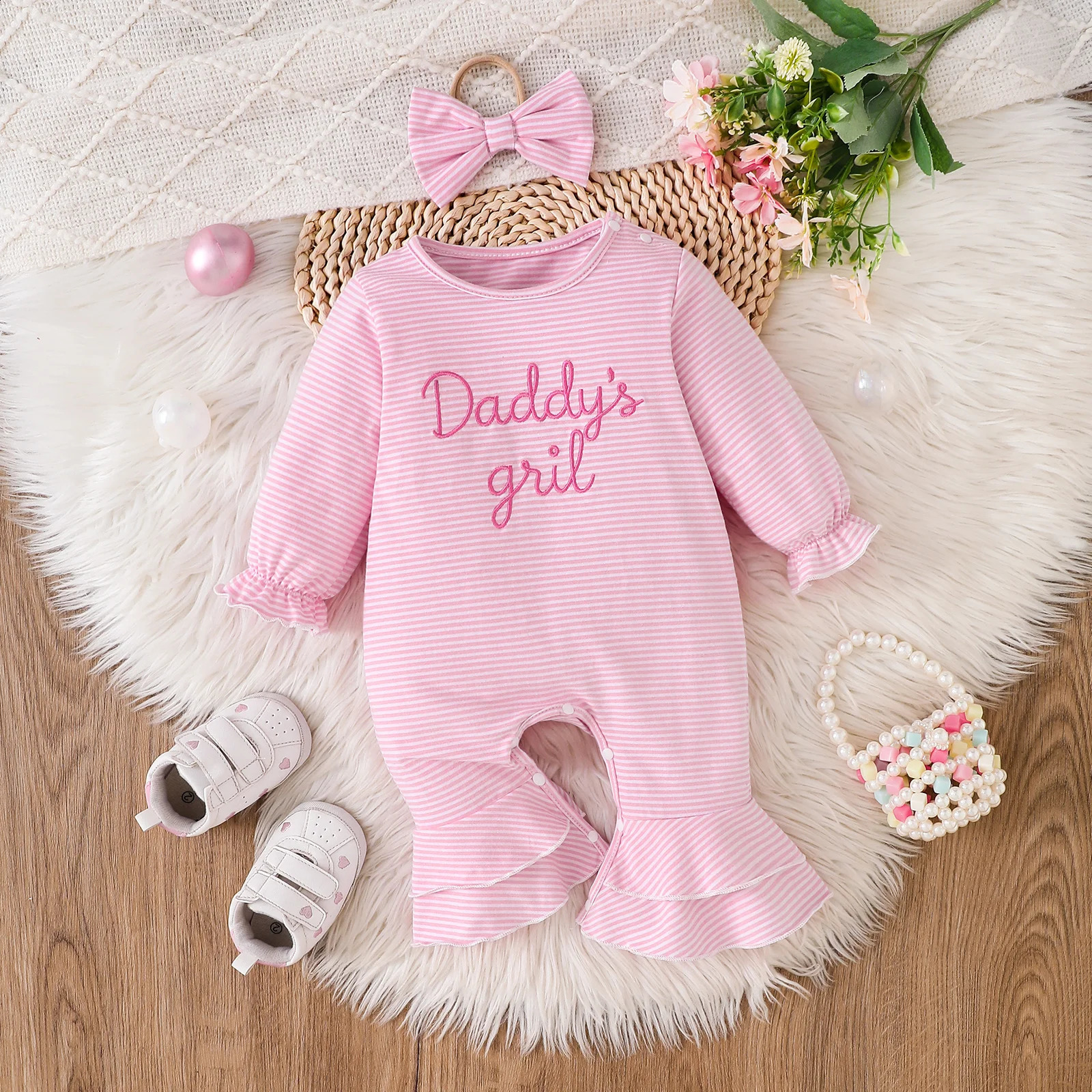 Daddy's Girl Embroidered Baby Girl Striped Ruffle Long Sleeve Romper With Bow Headband Cute Sweet Infant Outfit 260915
