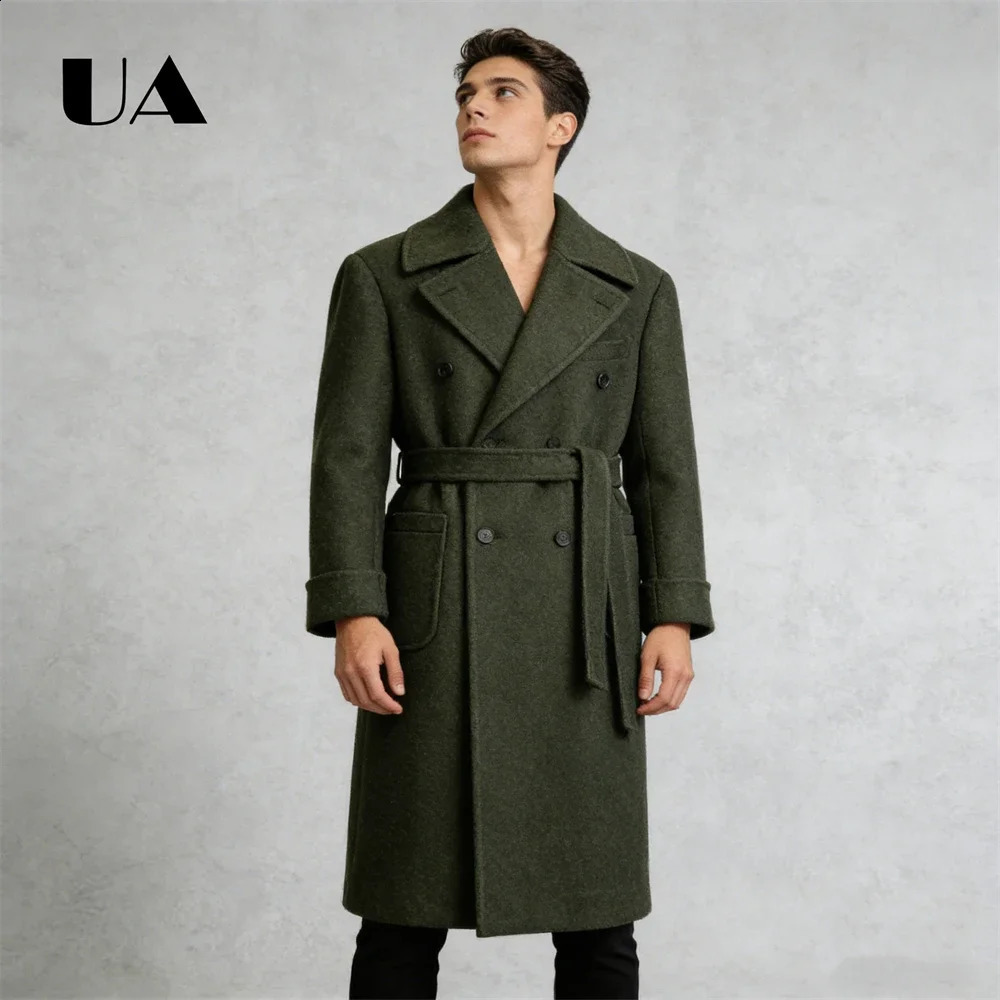 ULBYANRY 2026 Autumn Green Woolen Coat for Men Double Row Suit Coat XS-4XL Big Tall Men's Suit Jacket Mid Length 260916