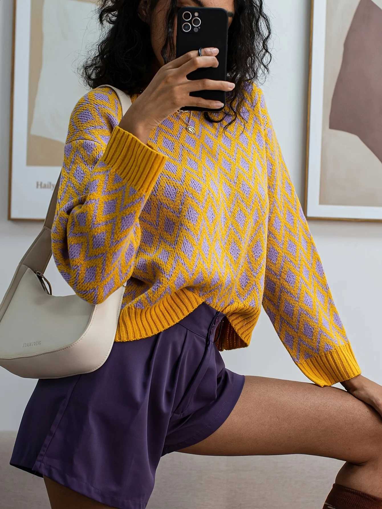 Knit 2026 New Argyle Pullover Women Classic Plaid Long Sleeve Crew Neck Loose Casual Elegant Daily Knit Sweater Top J260916
