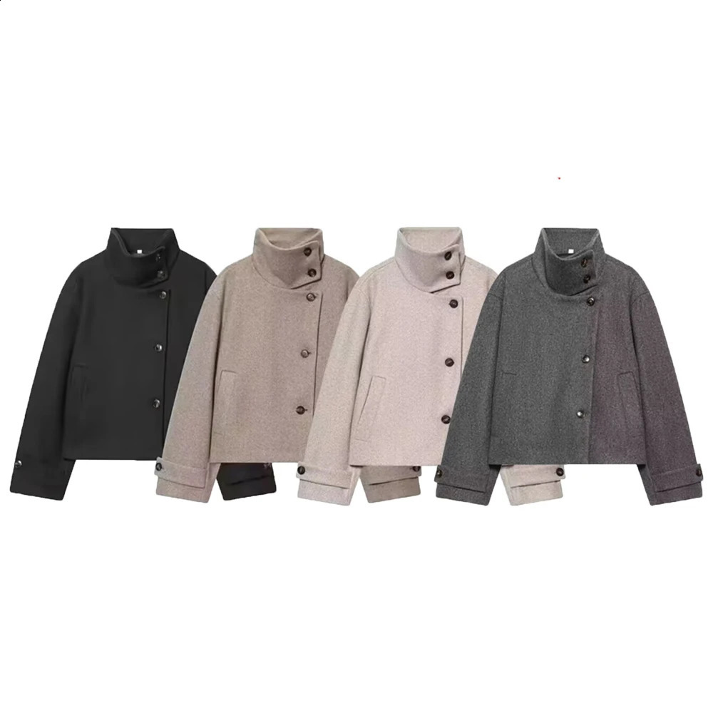 European and American 2025 Winter Women's Loose Casual Style Simple Long Sleeve Buckle Stand up Collar Coat 260917