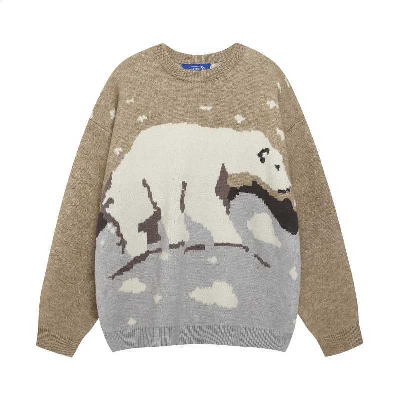 High Quality EU MAQVOB US Size Retro Polar Bear Jacquard Crew Neck Sweater Unisex Loose Casual Autumn Winter Sweater J260916