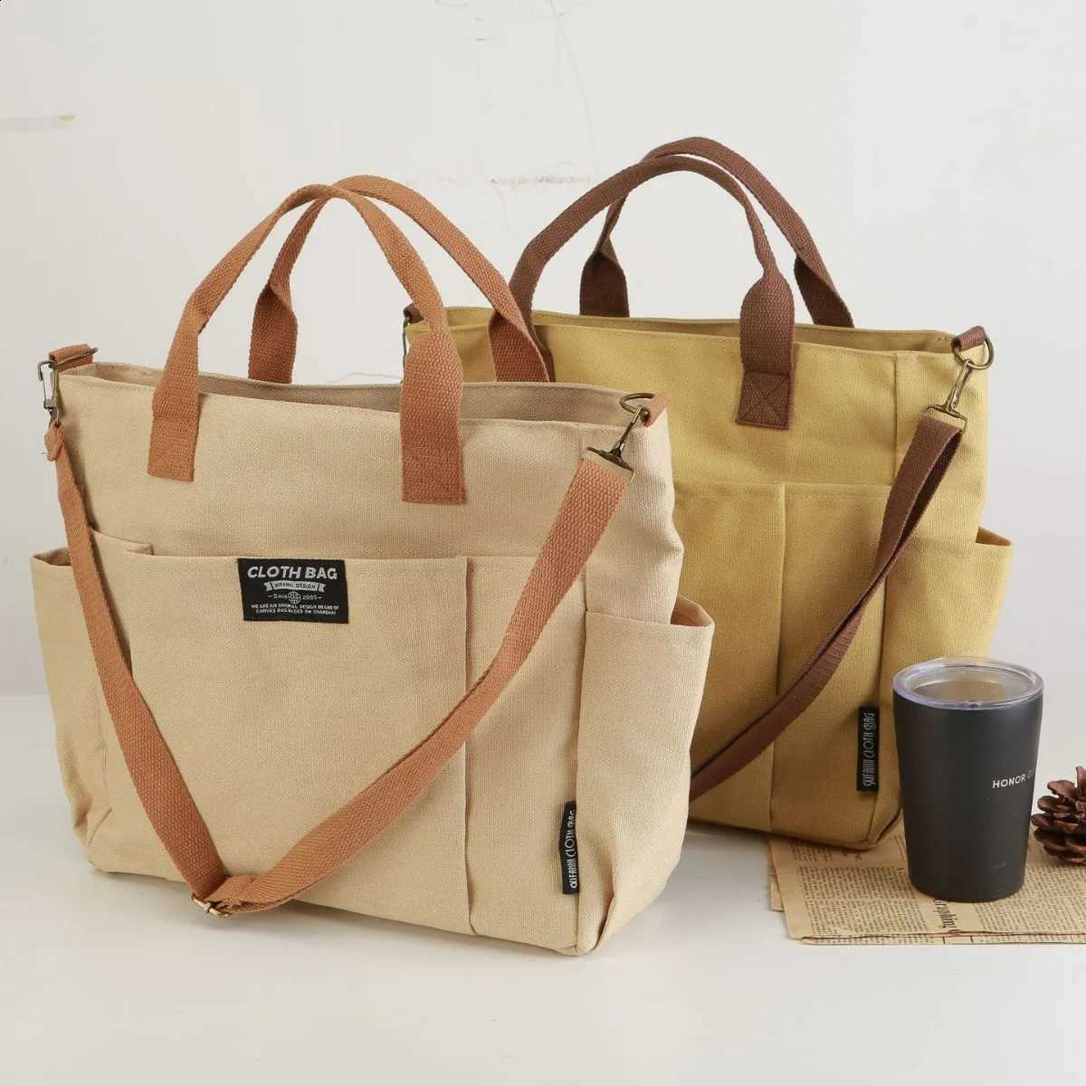 Canvas Tote Bag Thickened Multiple Pockets Handbag Japanese Style Casual Student Computer Handheld Tote Shoulder Messenger Bag H260916