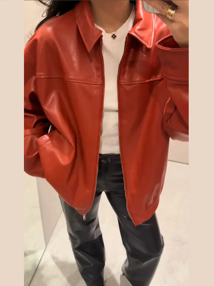 Vintage Textured Leather Jacket Coat Matte Zipper Lapel Commuting Loose Women Motorcycle Jackets Street Trendy Short Outwear Top 260916