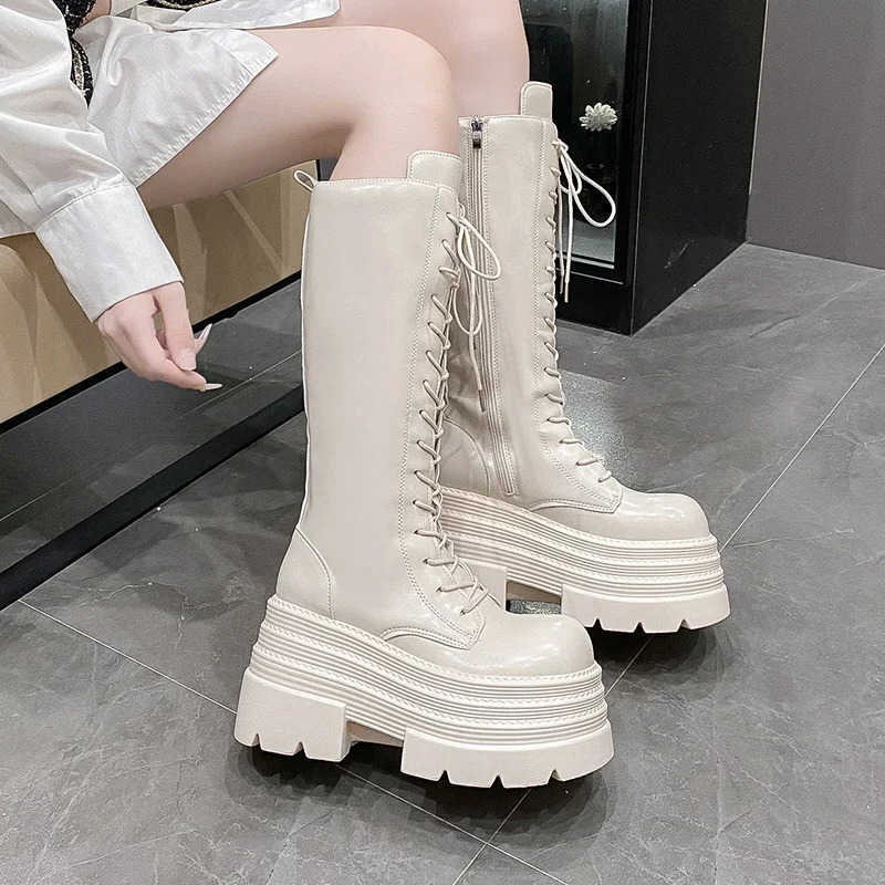 10CM New Women's Roman Long Boots Autumn Winter Knee-high Leather Punk Shoes Chunky Platform Casual Knight Boots Botas Mujer D260917