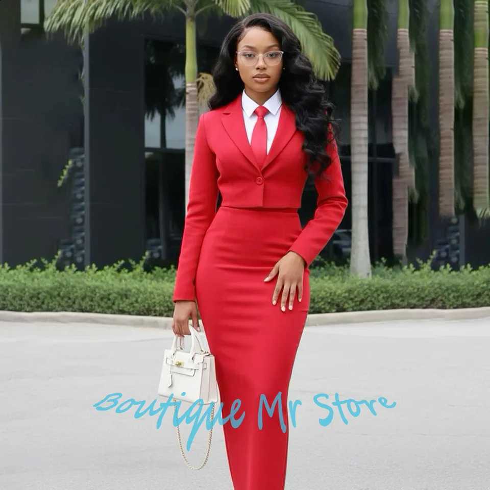 Women's Red Professional Cropped Blazer+Bodycon Maxi Skirt Set Formal Office Lady Business Suit Single Button Two Piece Outfit C260917
