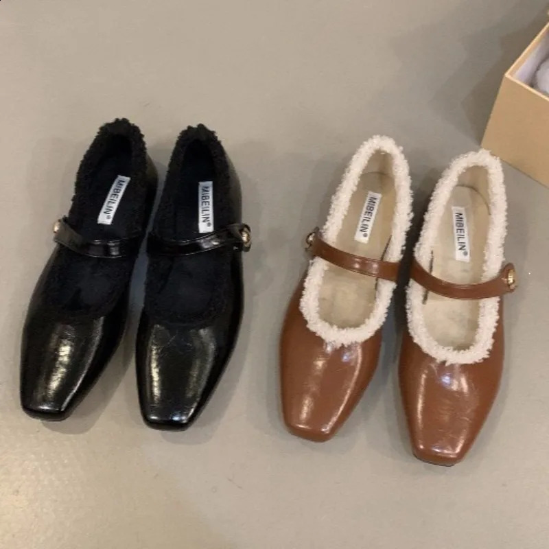 Flat Autumn Winter Plush Lined Cotton Shoes Women 2026 Square Toe Black Mary Jane Shoes Casual 260917
