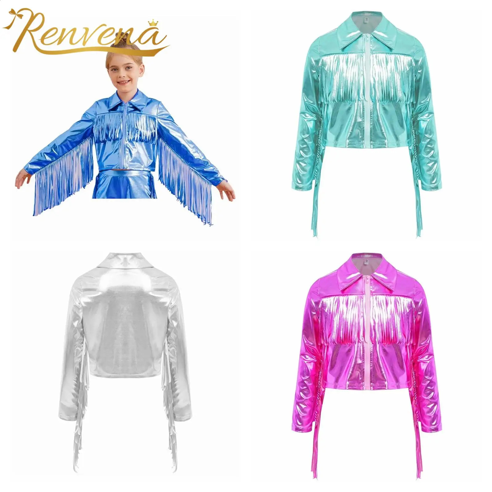 Girl's Tassels Jackets Streetwear Metallic Jazz Dance Costume Turn-Down Collar Childs Fashion Fringe Coats Jacket Party Jacket 260916