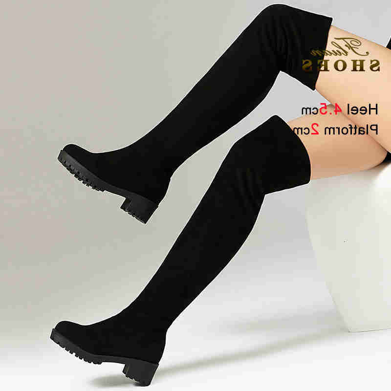 Autumn Black Suede Winter fashion Women's Over-the Knee High Boots Round Head Chunky Block Heels 4.5cm Platform 2cm Long Boots D260917