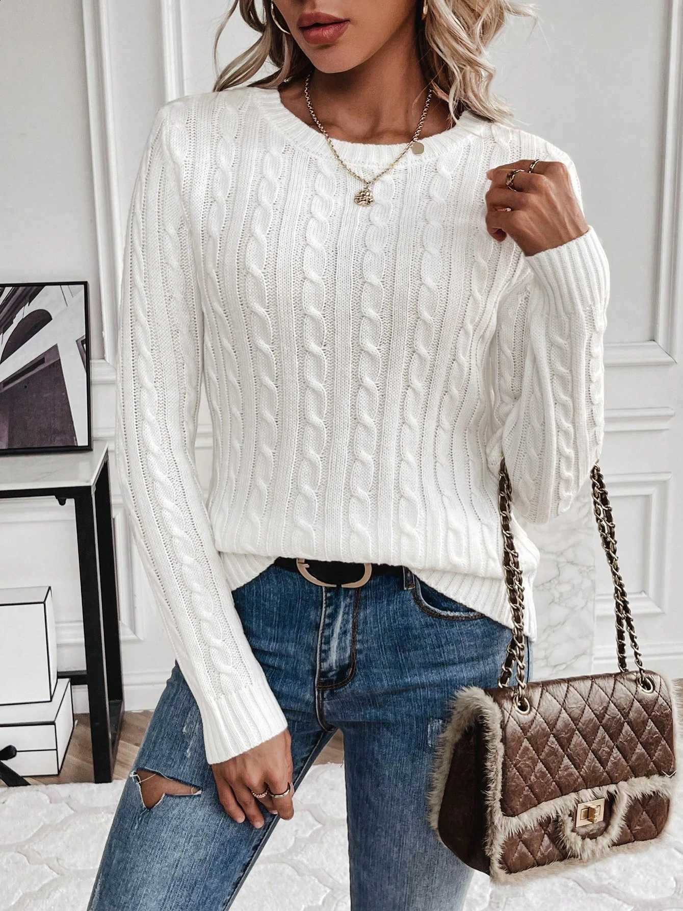 Winter and Women's Autumn Solid Color Round Neck Pullover Long Sleeved Knitted Sweater J260916