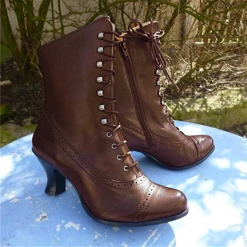 Ladies Up Winter High Lace Heel Shoes Motocycle Boot Victorian Boots Women fashion Pointed Toe Thick Soled Short Boot 2024 D260917