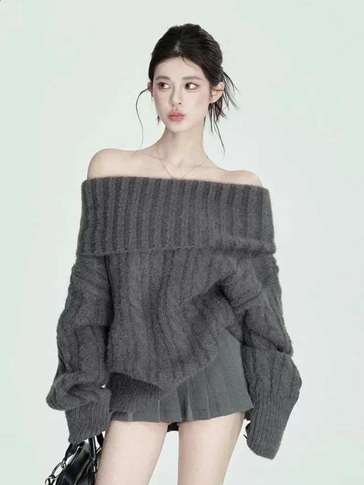 Sexy Off Shoulder Y2K Gray Sweater Women Lazy Wind Streetwear Loose Knitted Jumper Vintage Harajuku American Turtleneck Pullover 260917