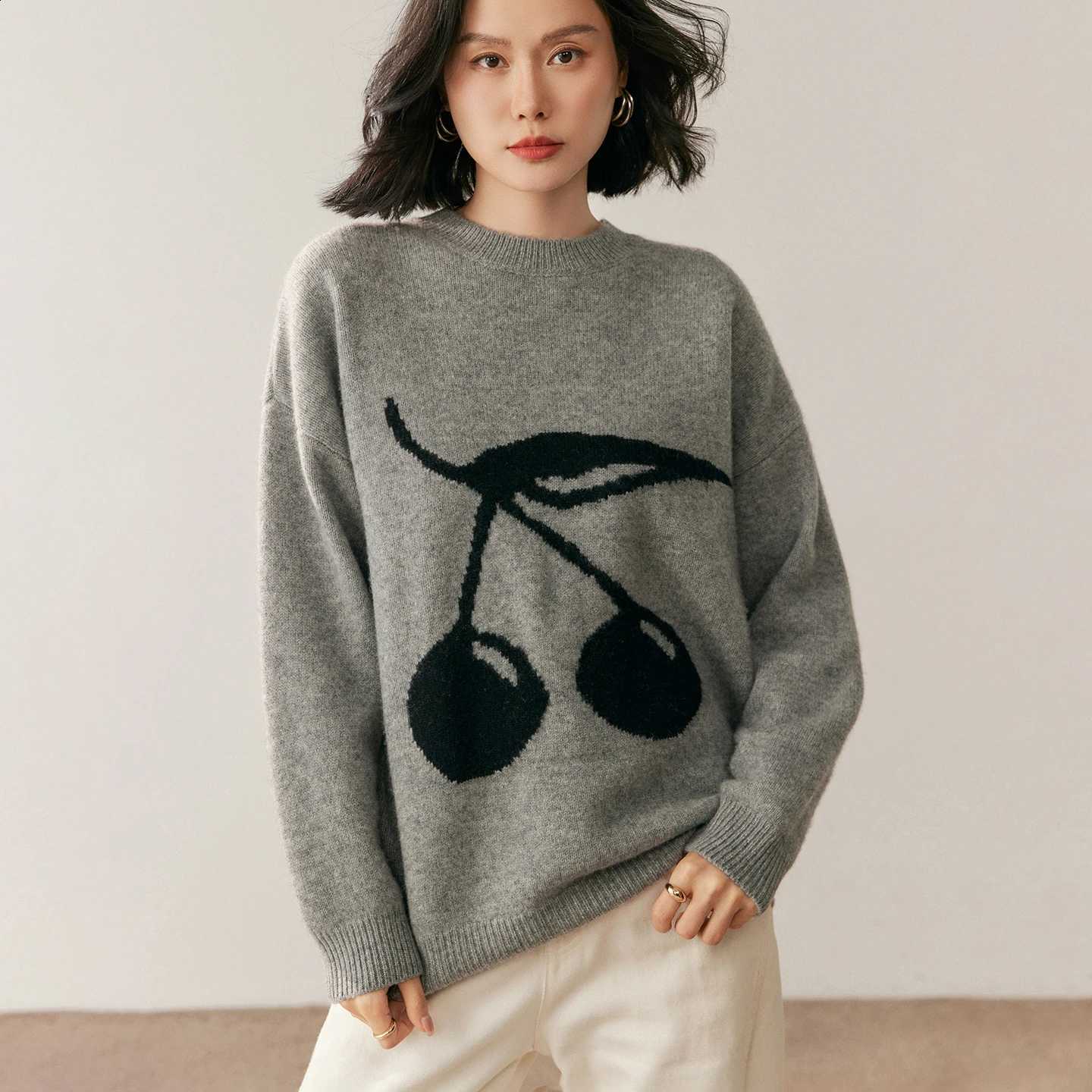 Winter Autumn Women's and 100% Cashmere Pullover Casual Solid Color Embroidered Knitted Sweater Loose O-neck Top Thick Sweater J260916
