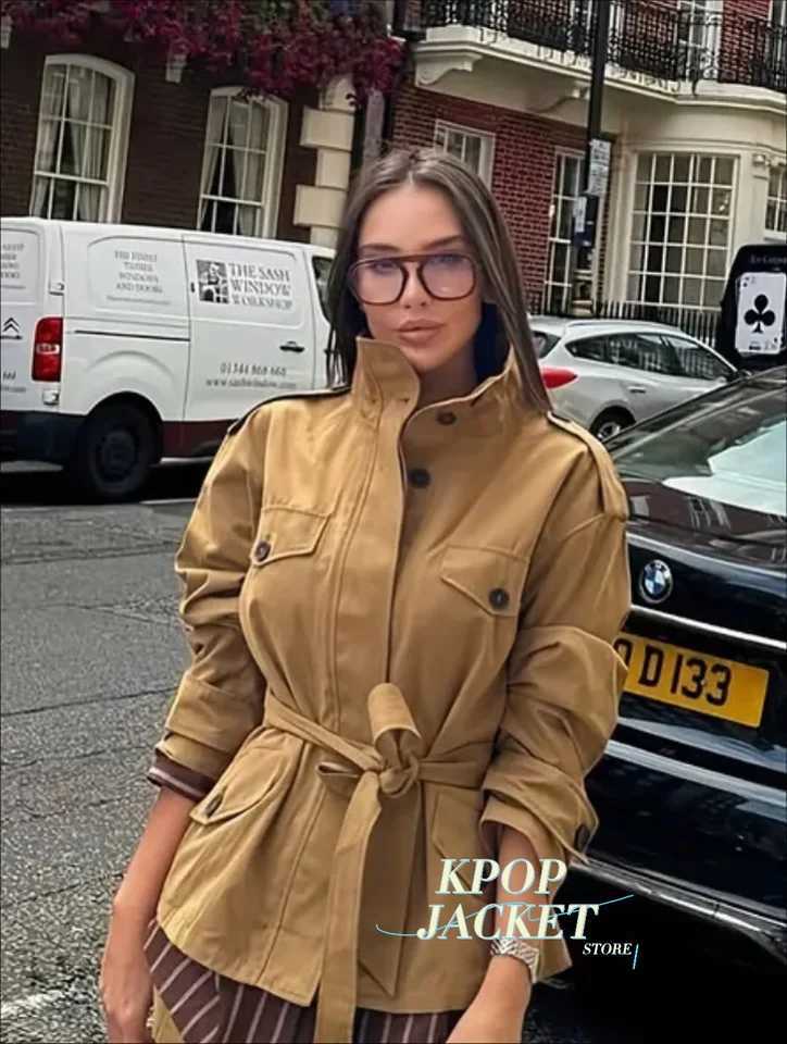Retro Solid Women Long Sleeved Thin Belt Pocket Jacket Fashion Stand Collar Coats 2026 Autumn Lady Offiice Commute Outfits New C260917