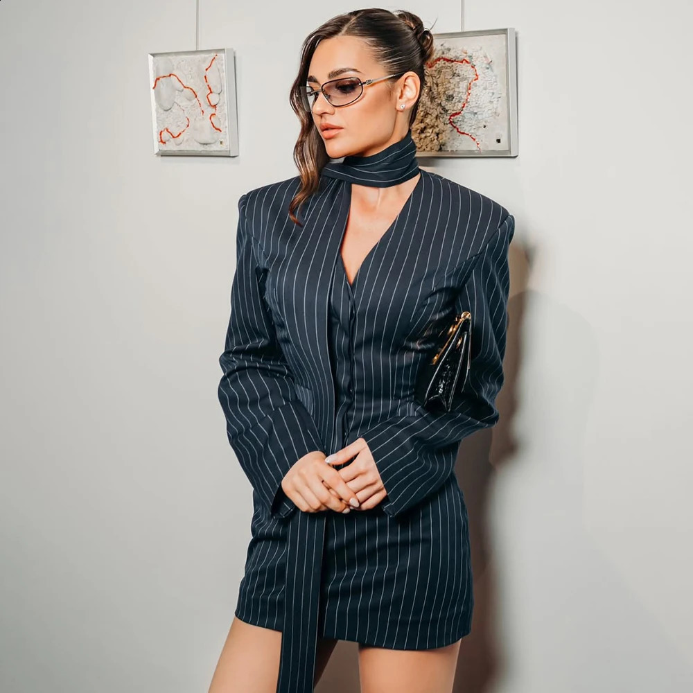 Talenza Women's Striped Blazer Elegant Ribbon Lace-up V-Neck Patchwork Long Sleeve y Outwear Vintage Women Tailored Coat 260917