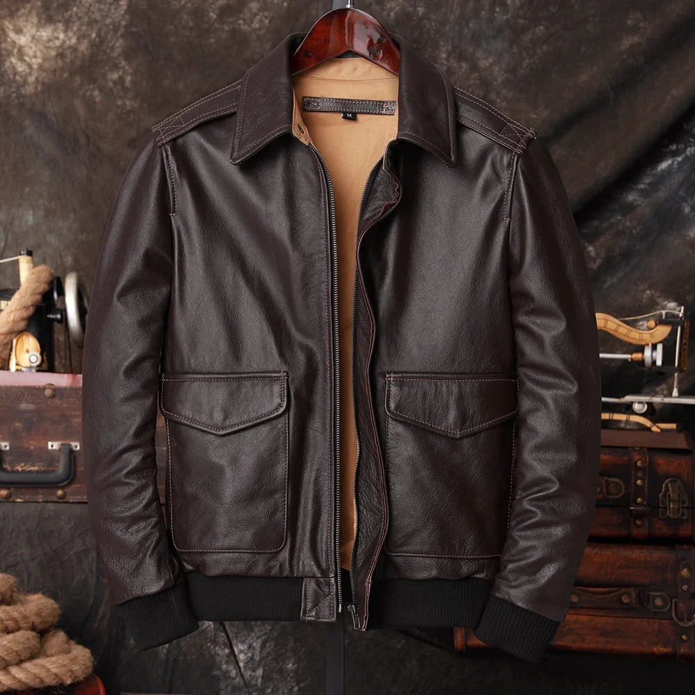 Bomber A2 Pilot Genuine Leather Jacket Men Warm 100% Cow Leather Air Force Coat Dark Brown Men's Cowhide Motorcycle Jackets260916