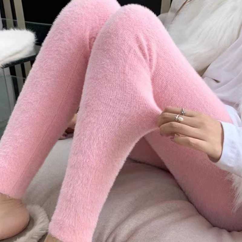 Women Pink Mink Velvet Pants High Waist Elastic Plush Thermal Leggings Soft Knitted Straight Trousers Warm Slim Fit Wear Winter H260916
