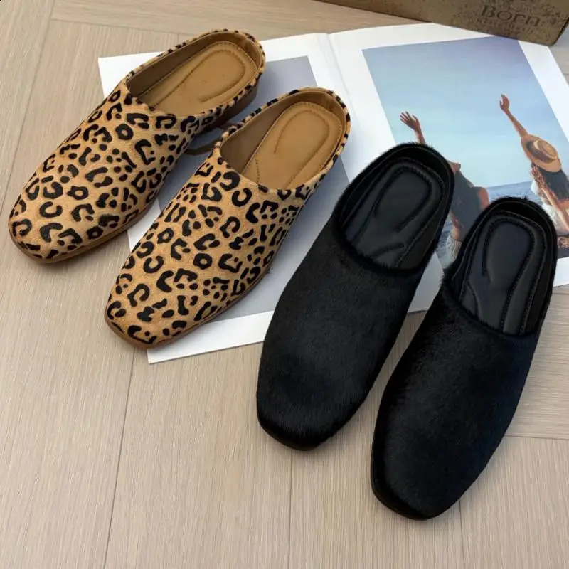 Withered Minimalist Leopard Print Slippers For Women Southern France Horsehair Elegant Womens Shoes Toe Caps Flat Mules Shoes 260917