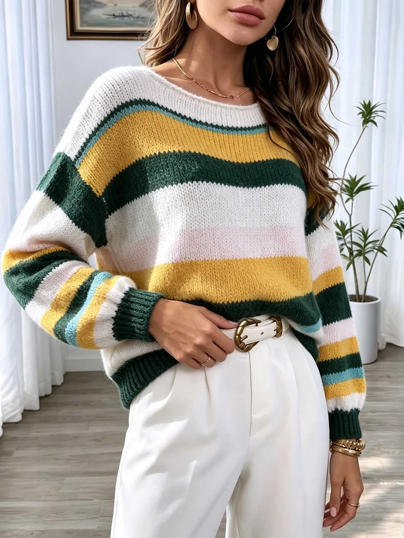 Autumn and Winter Retro ColorBlock Rainbow Striped Soft Mohair Sweater for Women European and American Style Lazy Round Neck Loose Drop Shoulder Kni