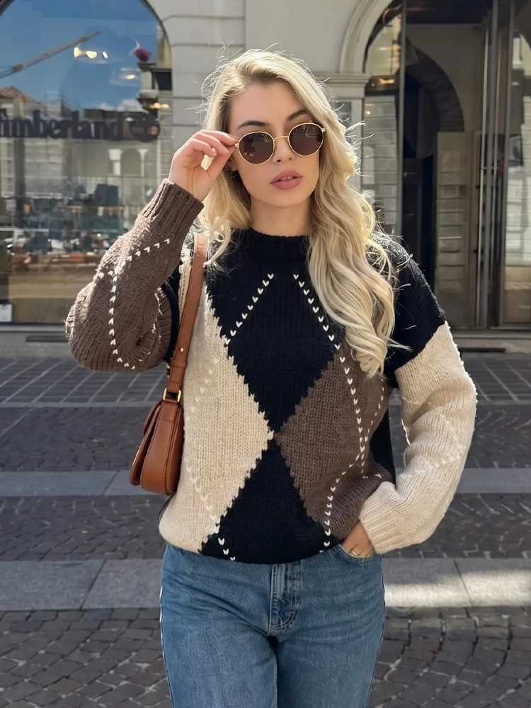 Women Vintage Knitted HH Sweater Fashion Argyle Plaid Print Warm Long Sleeve O-Neck Autumn Sweater 2026 Graduation Season Wear J260916