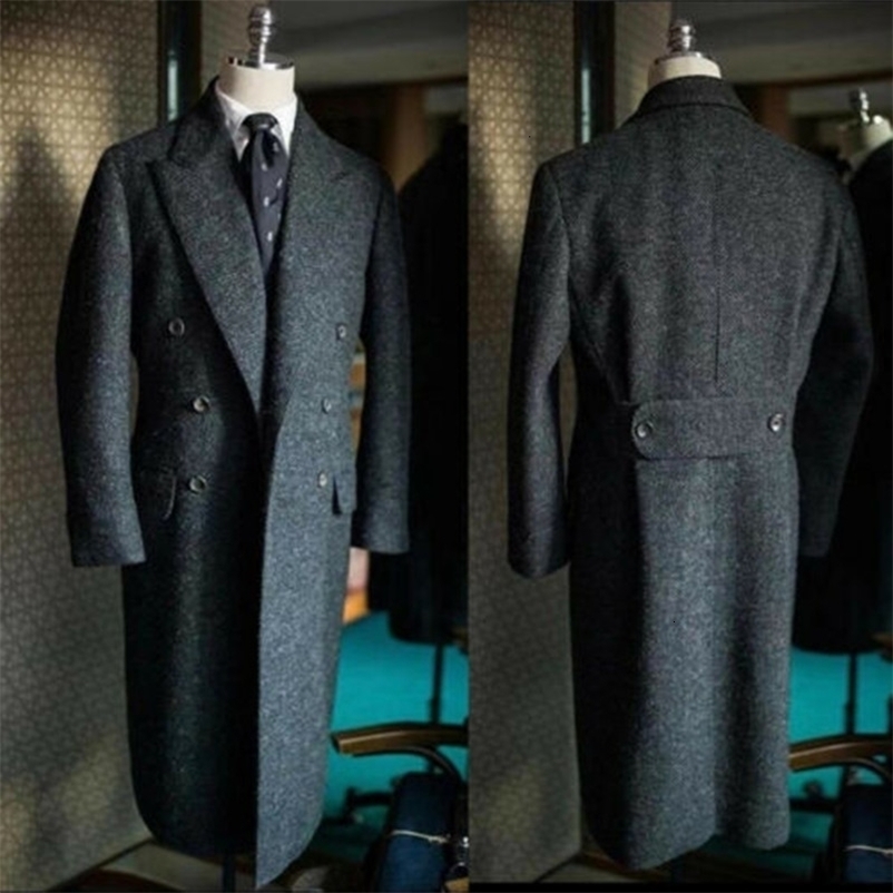 Vintage Men's Tweed Long Overcoat Wool Lapel Suits Double Breasted Tailored Winter Warm Formal Business Wedding Causal Prom 260916