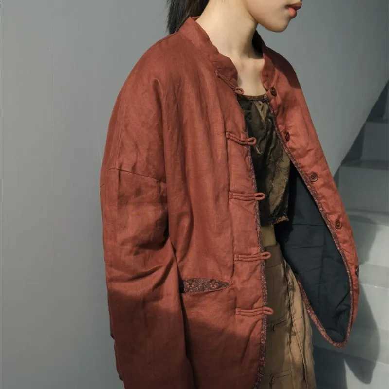 Johnature Women Vintage Linen Button Parkas Stand Long Sleeve Coats 2025 Winter New Solid Color Chinese Style Warm Parkas H260917
