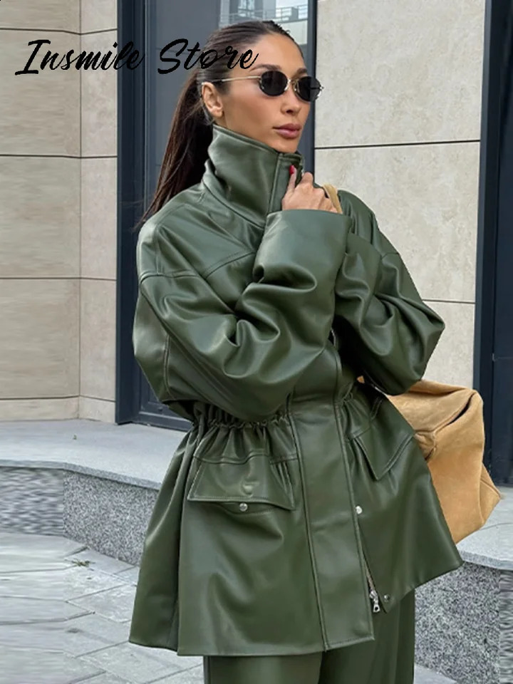 Street Waist Cinched Womens Leather Jacket Vintage Drawstring Stand Neck Zipper Pocket Jackets 2026 Autumn Moto Biker Outwear 260916