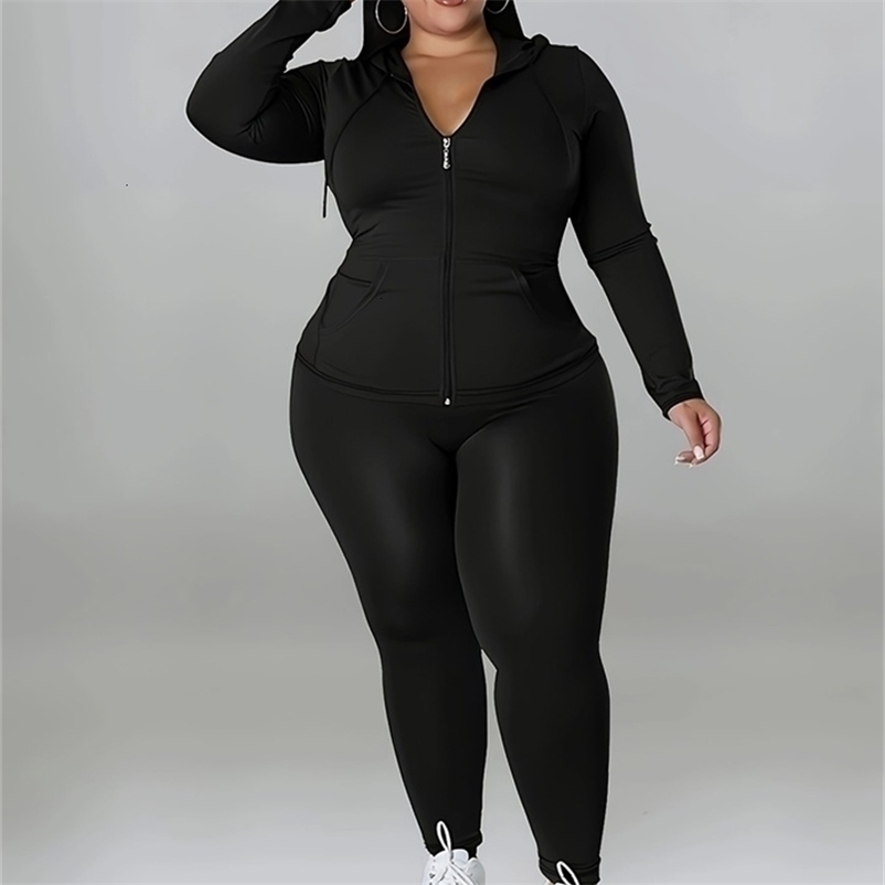 Soft Stretch Solid Color Curvy Athleisure Outfit Zip Hoodie Tracksuit With Joggers Comfortable 260916