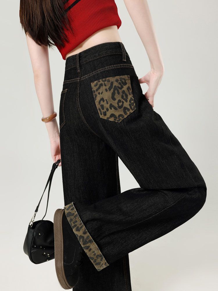 Trendy Korean-style new denim pants with color-blocked pocket and leopard print patchwork design, perfect for autumn 15