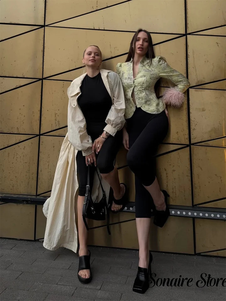 Women Printed Blazer V Neck Satin Fabric Light Green Puff Sleeve Faux Fur Cuff Slim Outerwear 2026 Autumn Elegant Outfit 260917